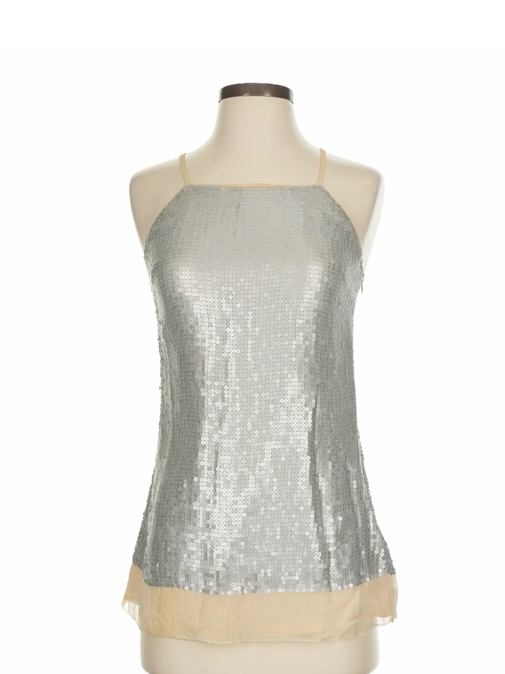 Sheri Bodell Silver Sequin Halter Tank with Beige Trim